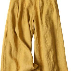Stylish Women's Yellow Culottes - Elastic Waist Wide Leg Cotton-Linen Pants